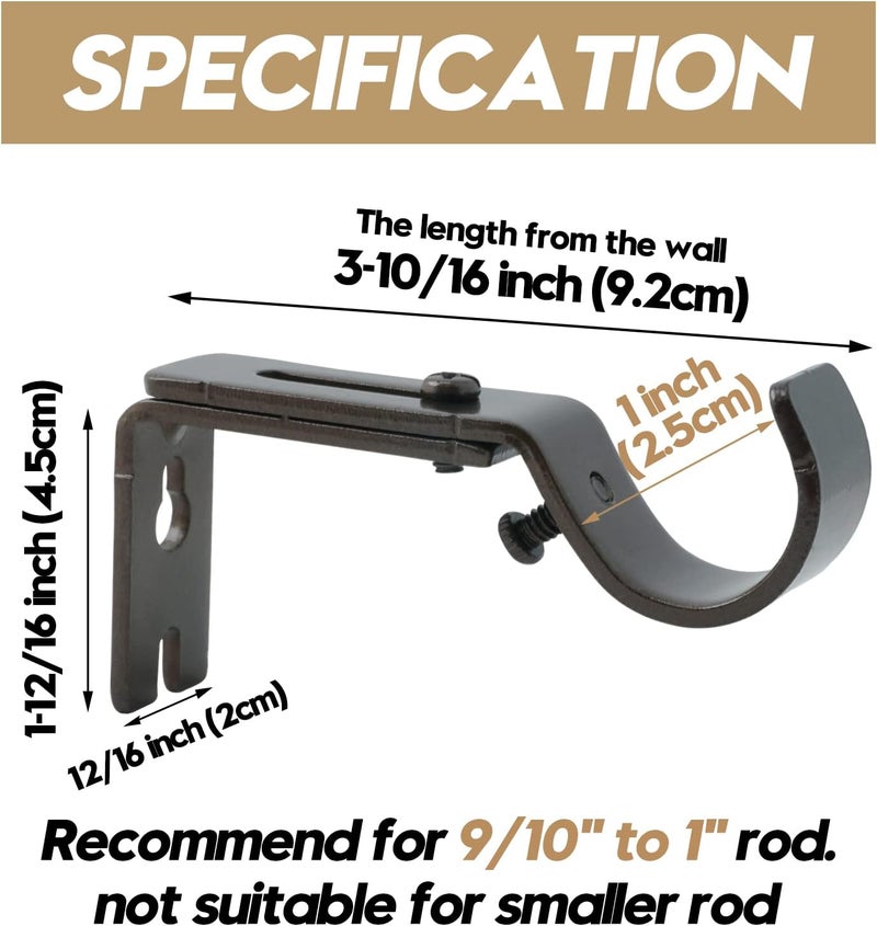 AddGrace Adjustable Curtain Rod Bracket Fits up to 1 inch Curtain Rod Sturdy Premium Brackets for Wall Set of 6 Brown - Image 2